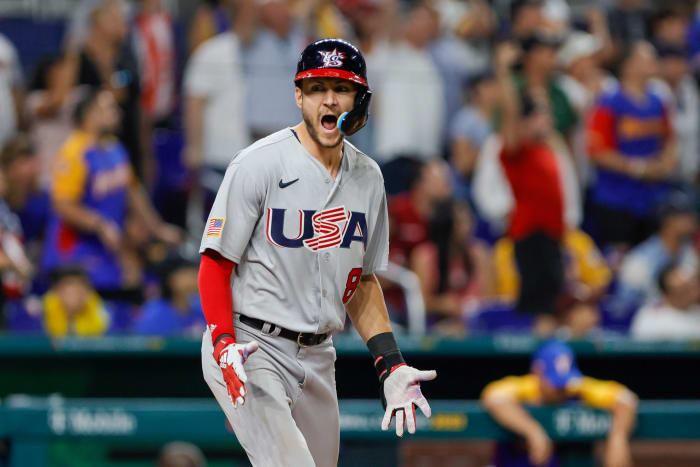 Trea Turner celebrates after hitting a go-ahead grand slam